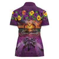 Hawaiian Turtle Love Couple Women Polo Shirt Ocean Serenade - Honu Honi Ihu with Hibiscus and Romantic Sunset Purple Color LT03 - Polynesian Pride