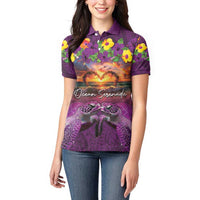 Hawaiian Turtle Love Couple Women Polo Shirt Ocean Serenade - Honu Honi Ihu with Hibiscus and Romantic Sunset Purple Color LT03 - Polynesian Pride