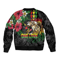 Hawaiian One Love Bomber Jacket Reggae Lion Tropical Plants and Kakau with Tribal Pattern