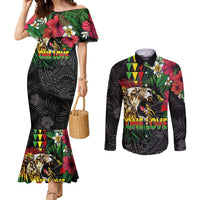 Hawaiian One Love Couples Matching Mermaid Dress and Long Sleeve Button Shirt Reggae Lion Tropical Plants and Kakau with Tribal Pattern