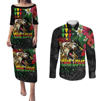 Hawaiian One Love Couples Matching Puletasi and Long Sleeve Button Shirt Reggae Lion Tropical Plants and Kakau with Tribal Pattern