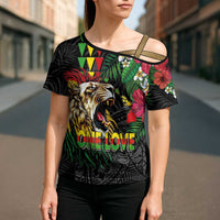 Hawaiian One Love Cross Shoulder Shirt Reggae Lion Tropical Plants and Kakau with Tribal Pattern