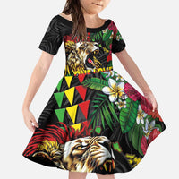 Hawaiian One Love Family Matching Long Sleeve Bodycon Dress and Hawaiian Shirt Reggae Lion Tropical Plants and Kakau with Tribal Pattern LT03 Daughter's Dress Black - Polynesian Pride