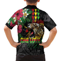 Hawaiian One Love Hawaiian Shirt Reggae Lion Tropical Plants and Kakau with Tribal Pattern