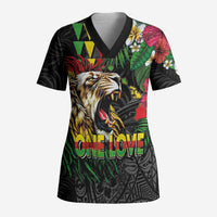 Hawaiian One Love Scrub Top Reggae Lion Tropical Plants and Kakau with Tribal Pattern