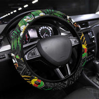 Hawaiian One Love Steering Wheel Cover Reggae Lion Tropical Plants and Kakau with Tribal Pattern