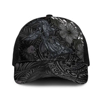 Hawaiian Tropical Plants and Tribal Whales Baseball Net Cap Polynesian Art Tattoo Grayscale