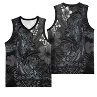 Hawaiian Tropical Plants and Tribal Whales Basketball Jersey Polynesian Art Tattoo Grayscale