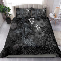Hawaiian Tropical Plants and Tribal Whales Bedding Set Polynesian Art Tattoo Grayscale