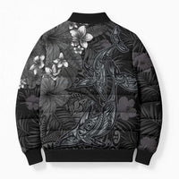 Hawaiian Tropical Plants and Tribal Whales Bomber Puffer Jacket Polynesian Art Tattoo Grayscale
