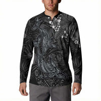 Hawaiian Tropical Plants and Tribal Whales Button Sweatshirt Polynesian Art Tattoo Grayscale