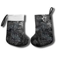 Hawaiian Tropical Plants and Tribal Whales Christmas Stocking Polynesian Art Tattoo Grayscale