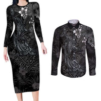 Hawaiian Tropical Plants and Tribal Whales Couples Matching Long Sleeve Bodycon Dress and Long Sleeve Button Shirt Polynesian Art Tattoo Grayscale LT03 Black - Polynesian Pride