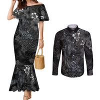 Hawaiian Tropical Plants and Tribal Whales Couples Matching Mermaid Dress and Long Sleeve Button Shirt Polynesian Art Tattoo Grayscale LT03 Black - Polynesian Pride