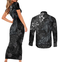 Hawaiian Tropical Plants and Tribal Whales Couples Matching Short Sleeve Bodycon Dress and Long Sleeve Button Shirt Polynesian Art Tattoo Grayscale LT03 - Polynesian Pride