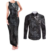 Hawaiian Tropical Plants and Tribal Whales Couples Matching Tank Maxi Dress and Long Sleeve Button Shirt Polynesian Art Tattoo Grayscale LT03 Black - Polynesian Pride