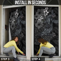 Hawaiian Tropical Plants and Tribal Whales Door Cover Polynesian Art Tattoo Grayscale