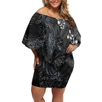 Hawaiian Tropical Plants and Tribal Whales Family Matching Off Shoulder Short Dress and Hawaiian Shirt Polynesian Art Tattoo Grayscale LT03 Mom's Dress Black - Polynesian Pride