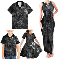 Hawaiian Tropical Plants and Tribal Whales Family Matching Tank Maxi Dress and Hawaiian Shirt Polynesian Art Tattoo Grayscale LT03 - Polynesian Pride