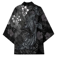 Hawaiian Tropical Plants and Tribal Whales Kimono Polynesian Art Tattoo Grayscale