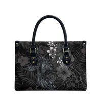 Hawaiian Tropical Plants and Tribal Whales Leather Bag Polynesian Art Tattoo Grayscale