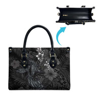 Hawaiian Tropical Plants and Tribal Whales Leather Bag Polynesian Art Tattoo Grayscale