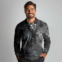 Hawaiian Tropical Plants and Tribal Whales Long Sleeve Polo Shirt Polynesian Art Tattoo Grayscale