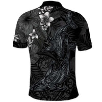 Hawaiian Tropical Plants and Tribal Whales Polo Shirt Polynesian Art Tattoo Grayscale