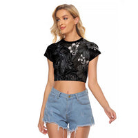 Hawaiian Tropical Plants and Tribal Whales Raglan Cropped T Shirt Polynesian Art Tattoo Grayscale