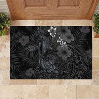 Hawaiian Tropical Plants and Tribal Whales Rubber Doormat Polynesian Art Tattoo Grayscale