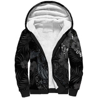 Hawaiian Tropical Plants and Tribal Whales Sherpa Hoodie Polynesian Art Tattoo Grayscale