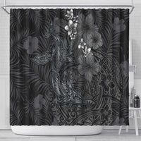 Hawaiian Tropical Plants and Tribal Whales Shower Curtain Polynesian Art Tattoo Grayscale