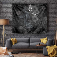 Hawaiian Tropical Plants and Tribal Whales Tapestry Polynesian Art Tattoo Grayscale