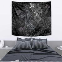 Hawaiian Tropical Plants and Tribal Whales Tapestry Polynesian Art Tattoo Grayscale