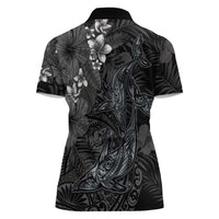 Hawaiian Tropical Plants and Tribal Whales Women Polo Shirt Polynesian Art Tattoo Grayscale LT03 - Polynesian Pride