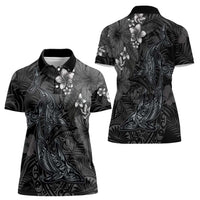Hawaiian Tropical Plants and Tribal Whales Women Polo Shirt Polynesian Art Tattoo Grayscale LT03 - Polynesian Pride