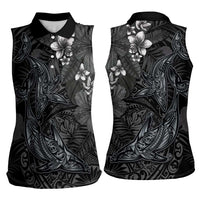 Hawaiian Tropical Plants and Tribal Whales Women Sleeveless Polo Shirt Polynesian Art Tattoo Grayscale LT03 - Polynesian Pride