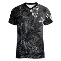 Hawaiian Tropical Plants and Tribal Whales Women V-Neck T-Shirt Polynesian Art Tattoo Grayscale LT03 Female Black - Polynesian Pride