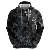 Hawaiian Tropical Plants and Tribal Whales Zip Hoodie Polynesian Art Tattoo Grayscale