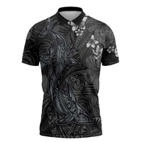 Hawaiian Tropical Plants and Tribal Whales Zipper Polo Shirt Polynesian Art Tattoo Grayscale