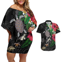 Hawaiian Tropical Plants and Turtles Couples Matching Off Shoulder Short Dress and Hawaiian Shirt Polynesian Art Motifs