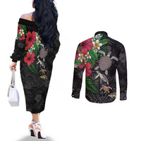 Hawaiian Tropical Plants and Turtles Couples Matching Off The Shoulder Long Sleeve Dress and Long Sleeve Button Shirt Polynesian Art Motifs LT03 - Polynesian Pride