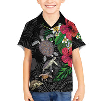 Hawaiian Tropical Plants and Turtles Family Matching Mermaid Dress and Hawaiian Shirt Polynesian Art Motifs LT03 Son's Shirt Black - Polynesian Pride