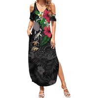 Hawaiian Tropical Plants and Turtles Family Matching Summer Maxi Dress and Hawaiian Shirt Polynesian Art Motifs LT03 Mom's Dress Black - Polynesian Pride