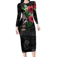 Hawaiian Tropical Plants and Turtles Long Sleeve Bodycon Dress Polynesian Art Motifs