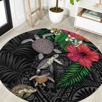 Hawaiian Tropical Plants and Turtles Round Carpet Polynesian Art Motifs