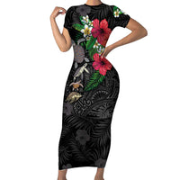 Hawaiian Tropical Plants and Turtles Short Sleeve Bodycon Dress Polynesian Art Motifs