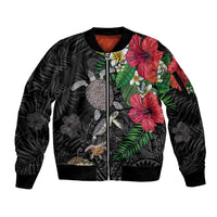 Hawaiian Tropical Plants and Turtles Sleeve Zip Bomber Jacket Polynesian Art Motifs