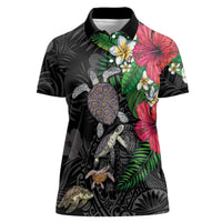 Hawaiian Tropical Plants and Turtles Women Polo Shirt Polynesian Art Motifs