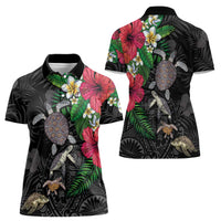 Hawaiian Tropical Plants and Turtles Women Polo Shirt Polynesian Art Motifs
